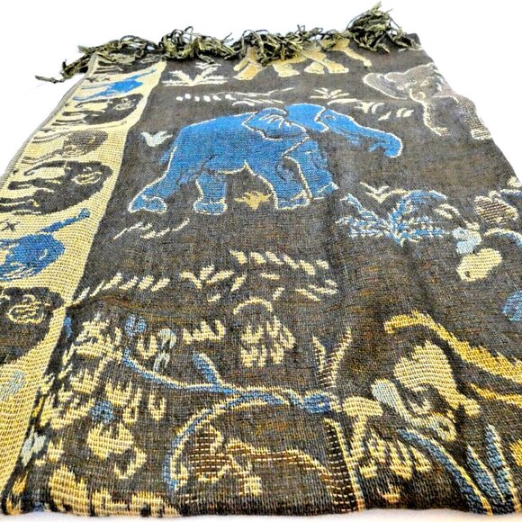 Silk Cashmere Scarf Long Blue Brown Thailand Gold Emboss Elephant Lucky Romantic - Picture 1 of 8